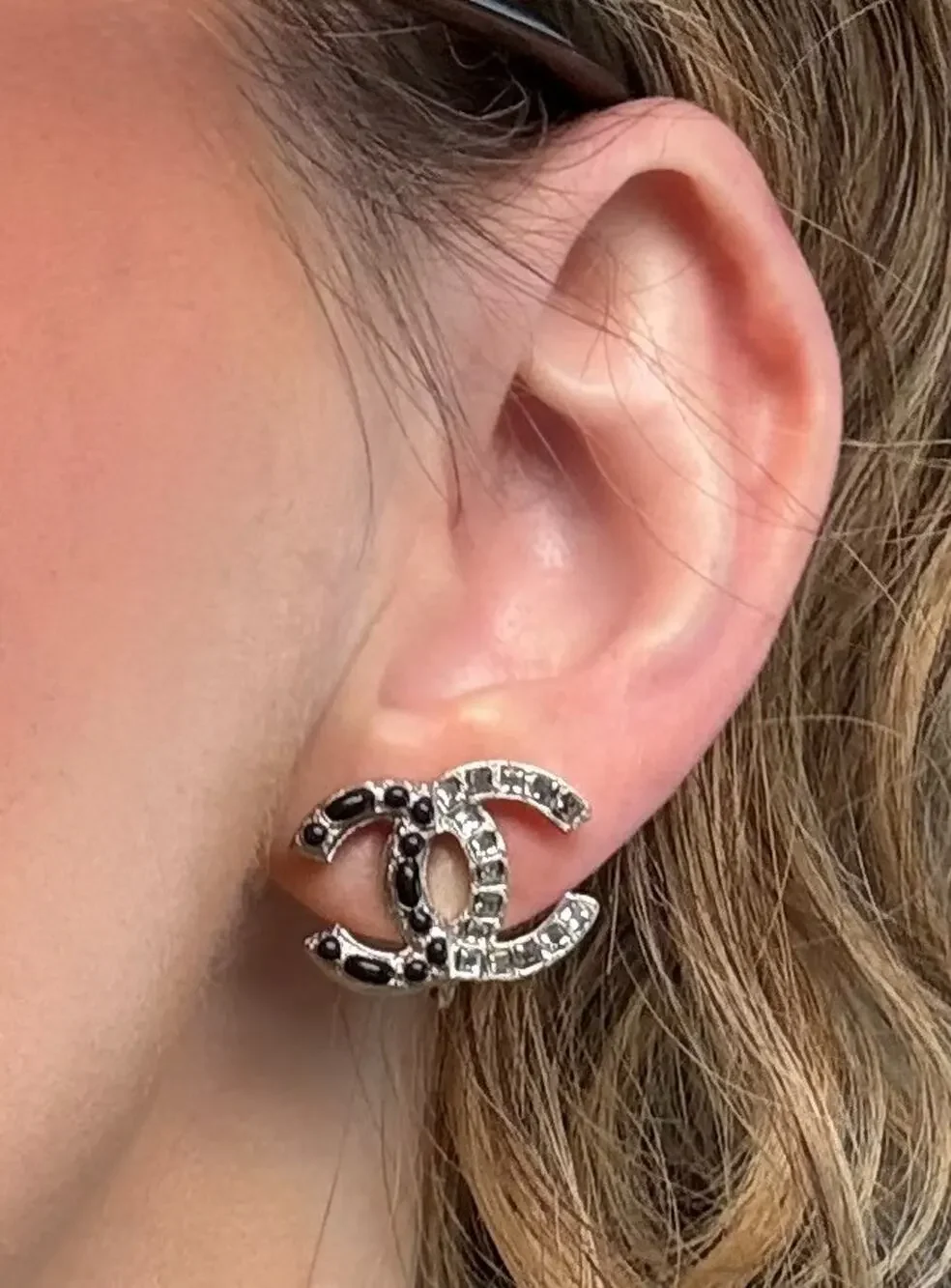 Chanel CC Crystal & Black Enamel Clip-On Earrings Silver Tone A15 Authenticated
